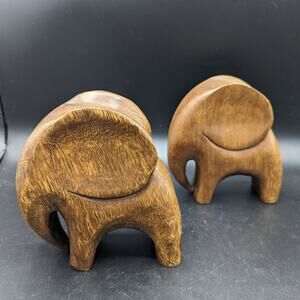 2 Vintage Hand Carved Wooden Elephants 5.75" X 6" Decor Boho Safari Animal